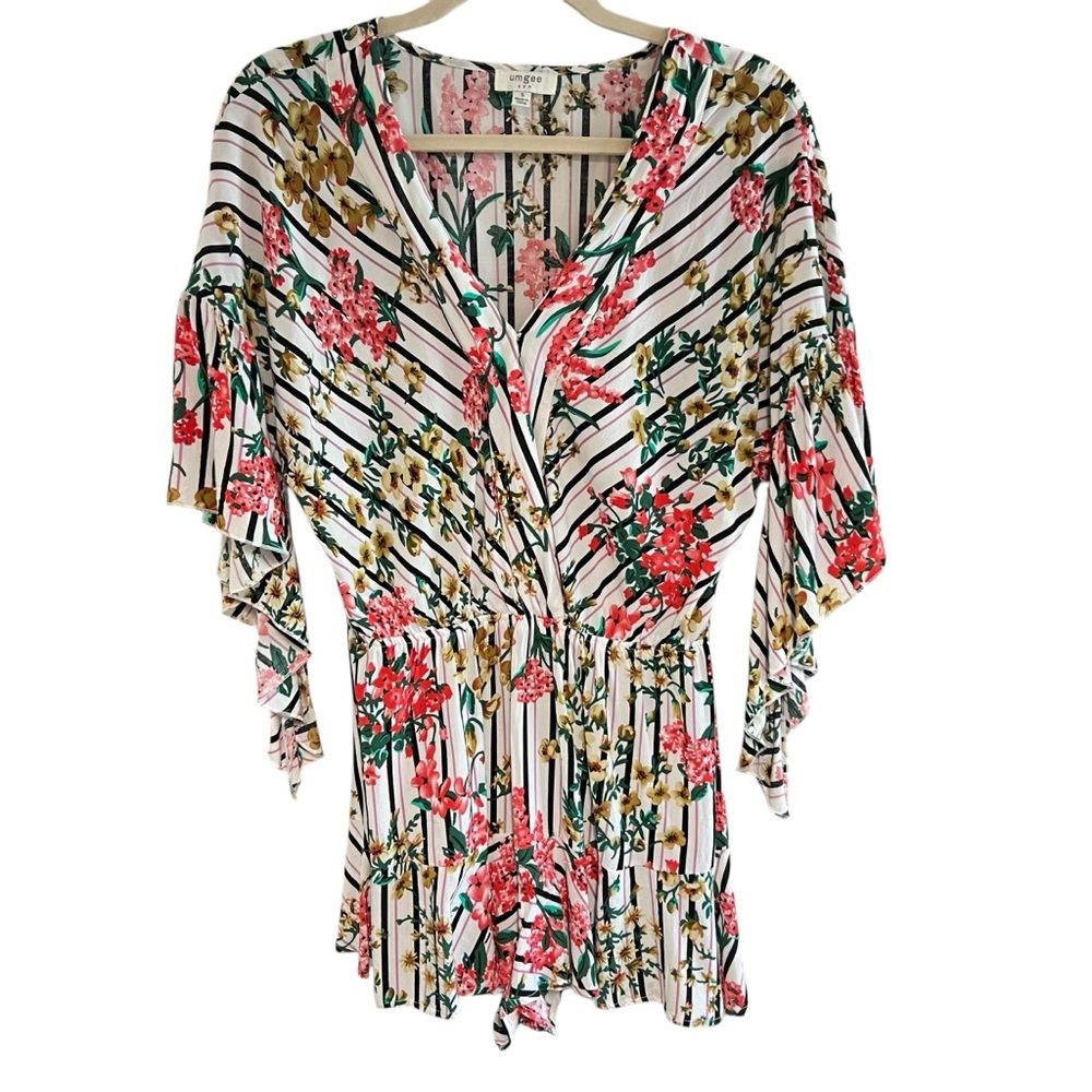 Umgee Womens Multicolor Floral Stripe Flow Sleeve Romper Swim Beach Coverup Sz S